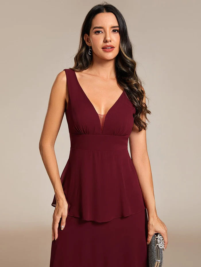 Sleeveless Tiered Hem V-Neck Chiffon Wedding Guest Dress