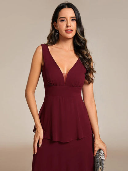 Sleeveless Tiered Hem V-Neck Chiffon Wedding Guest Dress
