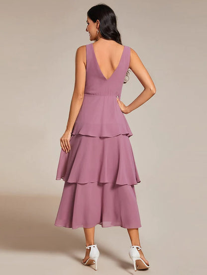 Sleeveless Tiered Hem V-Neck Chiffon Wedding Guest Dress