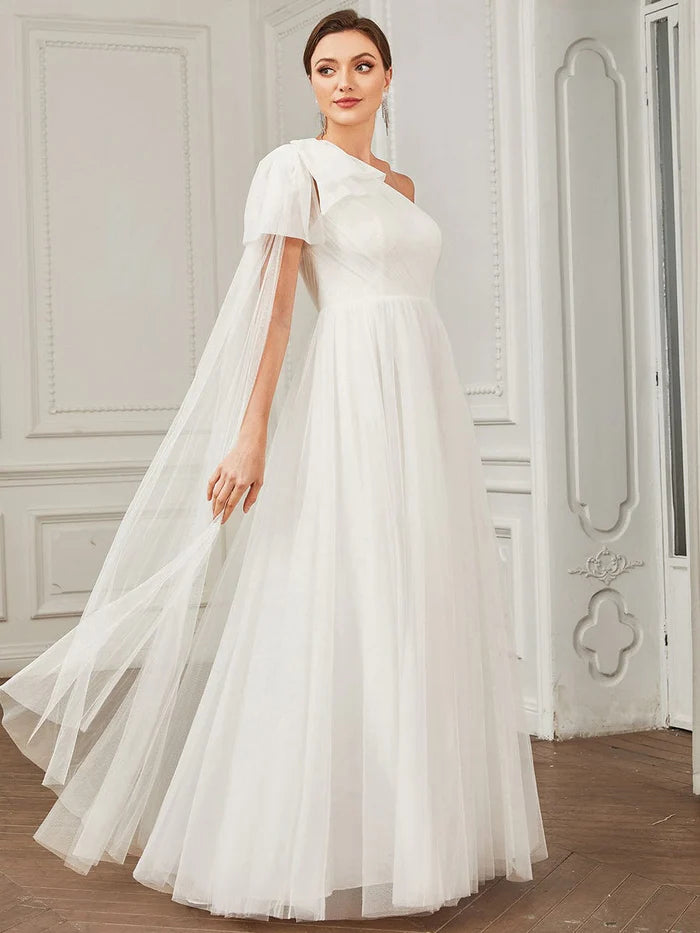 Asymmetrical Tie Sleeve Cinched Waist Layered Tulle A-line Wedding Dress
