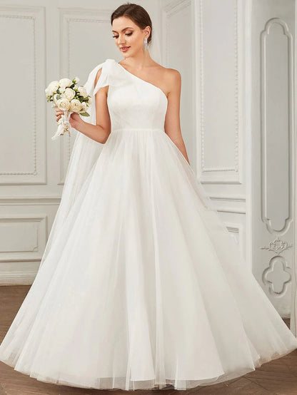 Asymmetrical Tie Sleeve Cinched Waist Layered Tulle A-line Wedding Dress
