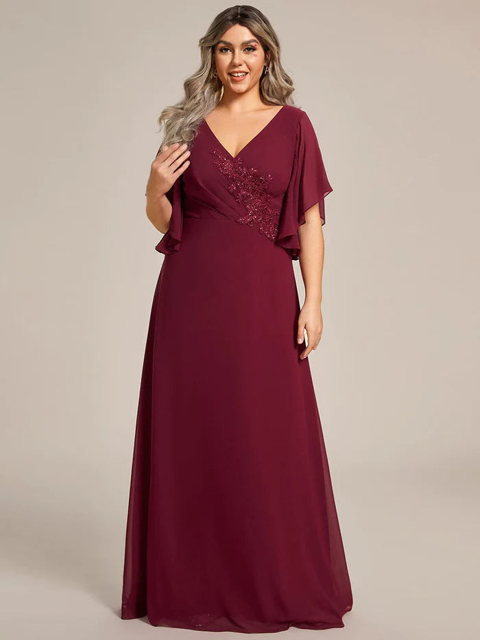 Half Sleeves Top Applique Decoration Chiffon Mother of the Bride Dress