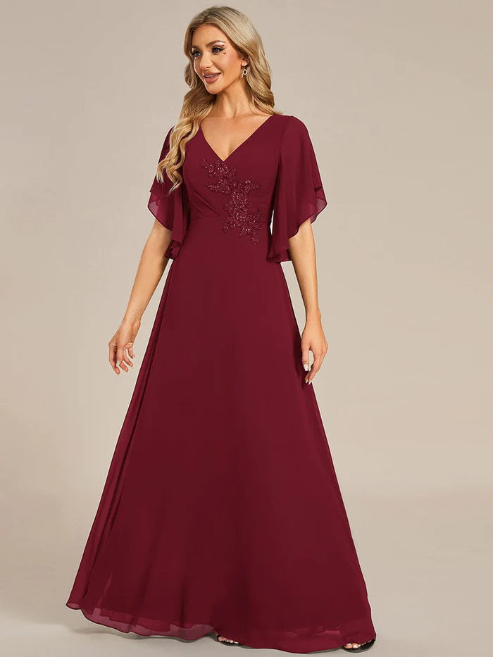 Half Sleeves Top Applique Decoration Chiffon Mother of the Bride Dress
