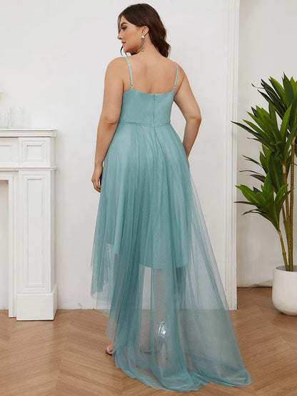 Plus Size Stylish High-Low Tulle Prom Dress with Beaded Belt