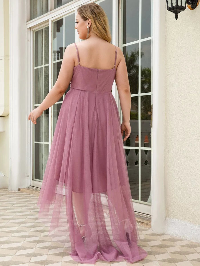 Plus Size Stylish High-Low Tulle Prom Dress with Beaded Belt