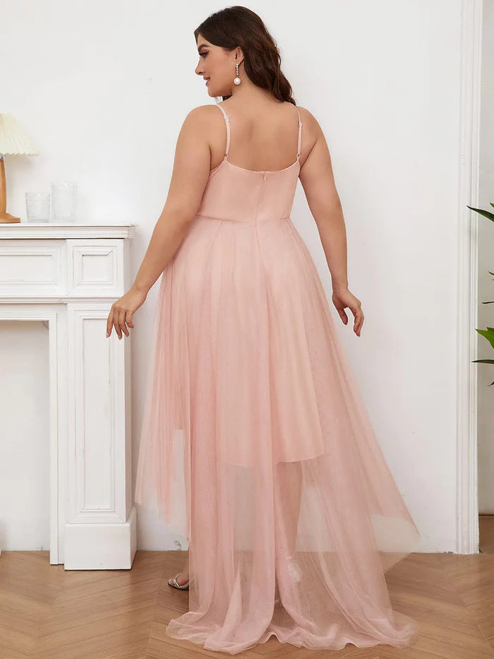 Plus Size Stylish High-Low Tulle Prom Dress with Beaded Belt
