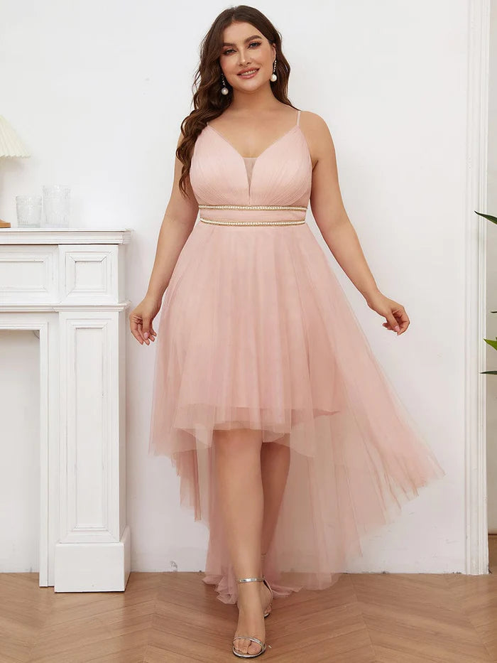 Plus Size Stylish High-Low Tulle Prom Dress with Beaded Belt
