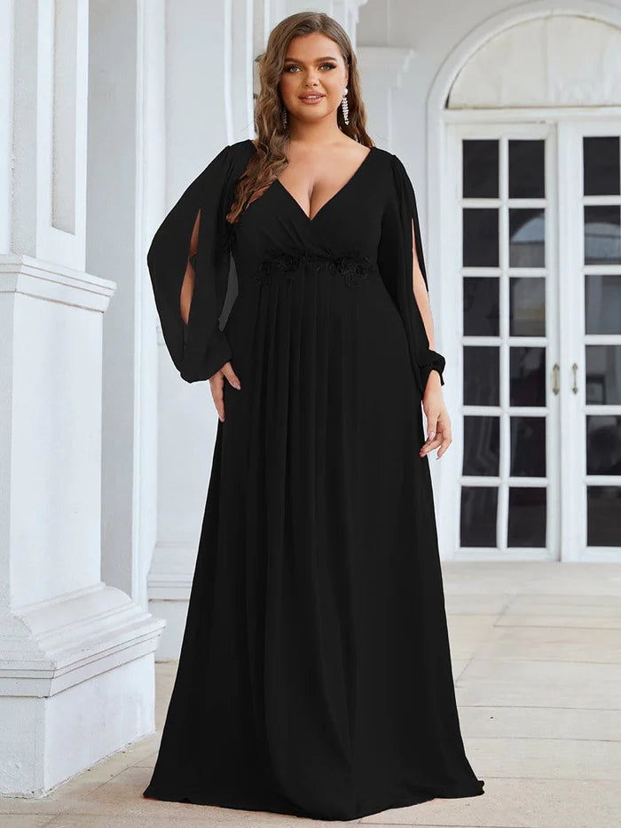 Stylish Chiffon Plus Size Evening Dresses with Long Lantern Sleeves – Koutun Dress