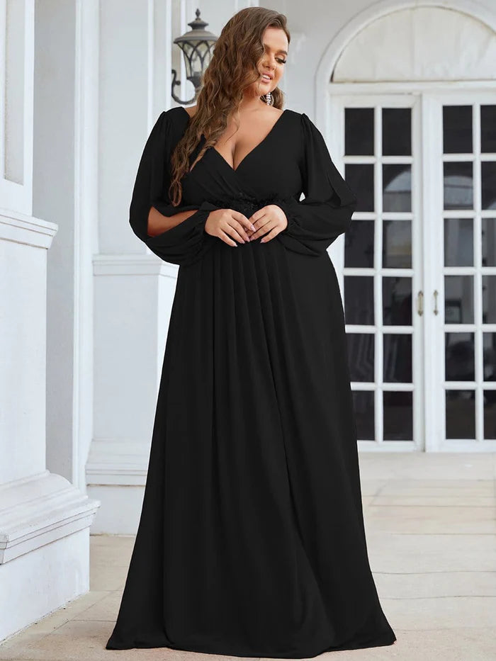 plus size chiffon evening dresses Xpluswear Design Plus Size Formal Champagne Round Neck Long Sleeve Split Elegant See Through Sequin Chiffon Maxi Dresses