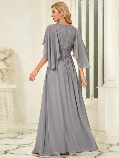 Elegant Deep V Neck Chiffon Maxi Evening Dress