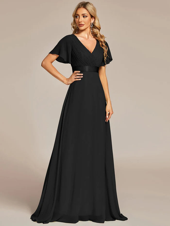 long empire waist evening dress with short flutter sleeves Bliss Flutter Sleeve Empire Waist Dress Teal Floral