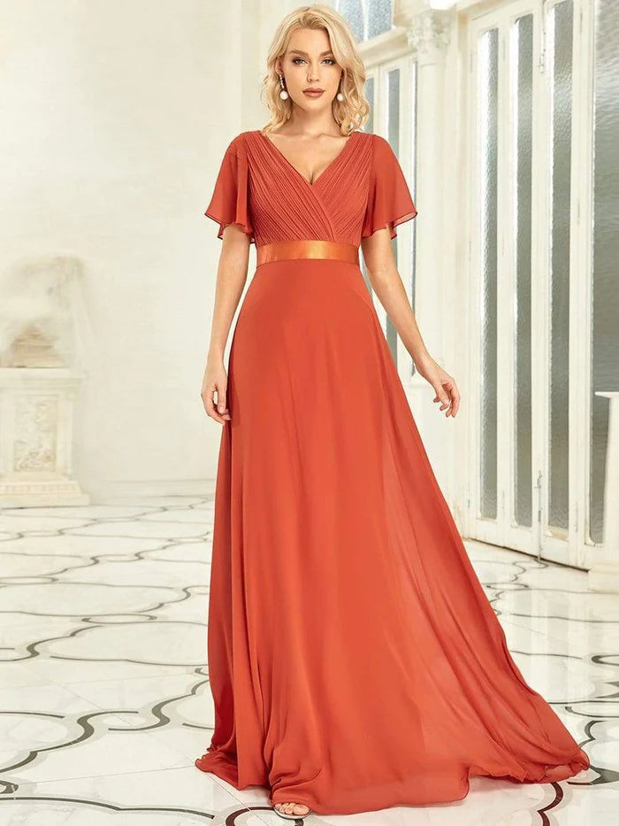 long empire waist bridesmaid dress with short flutter sleeves Ever-Pretty Double V Neck Long Empire Waist Chiffon Budget Bridesmaid Dress