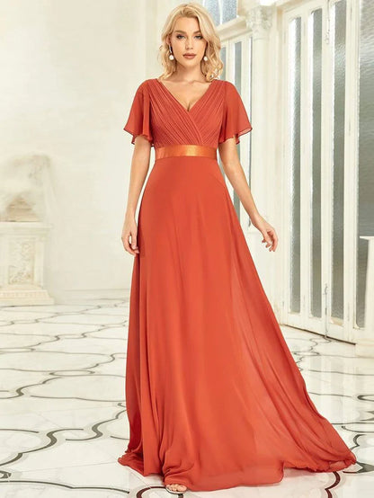 Empire Waist Floor Length Bridesmaid Dress with Short Flutter Sleeves