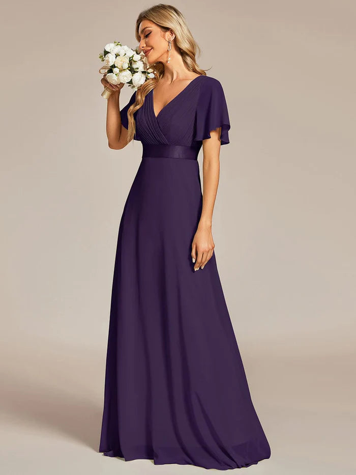 long empire waist bridesmaid dress with short flutter sleeves Ever-Pretty Double V Neck Long Empire Waist Chiffon Budget Bridesmaid Dress