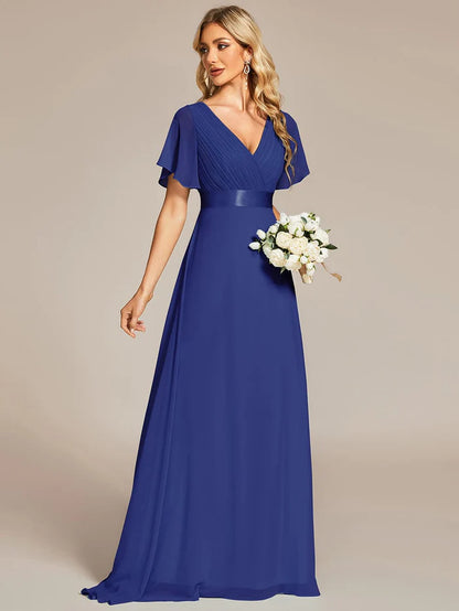 High Waist Maxi Chiffon Bridesmaid Dress with Short Sleeves