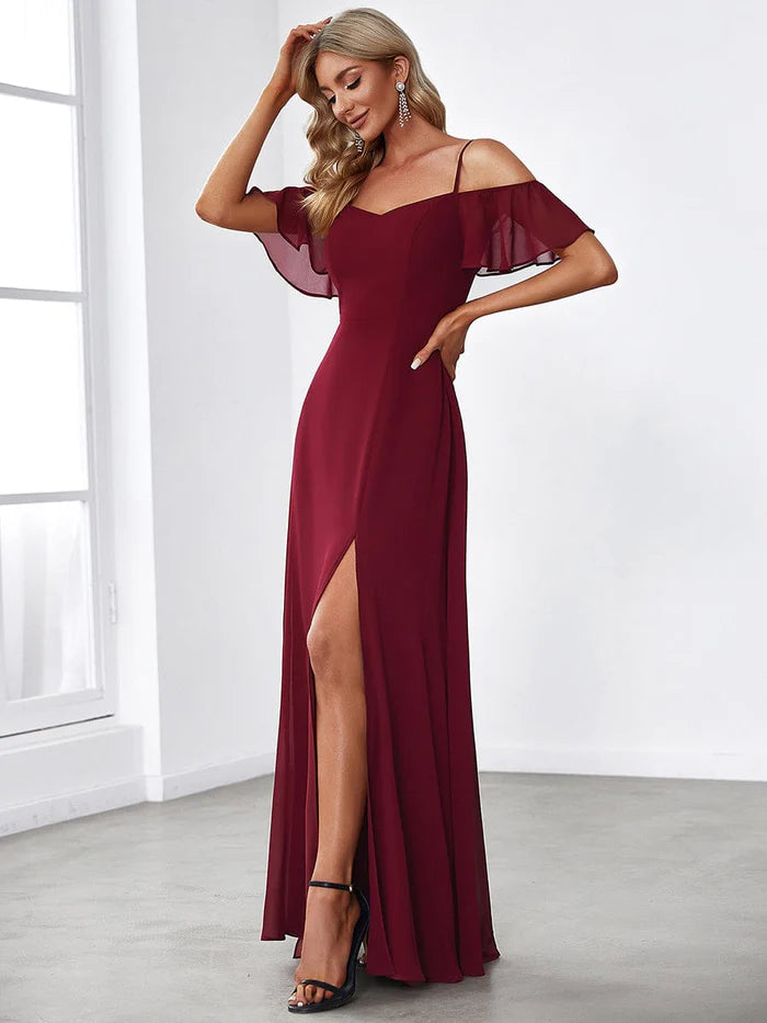 Stylish Cold-Shoulder Floor Length Bridesmaid Dress with Side Slit