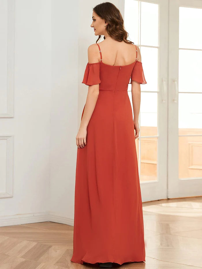 Stylish Cold-Shoulder Floor Length Bridesmaid Dress with Side Slit
