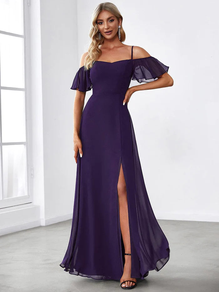 Stylish Cold-Shoulder Floor Length Bridesmaid Dress with Side Slit