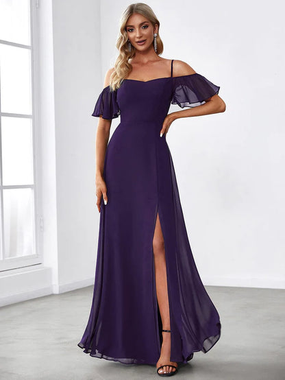 Stylish Cold-Shoulder Floor Length Bridesmaid Dress with Side Slit