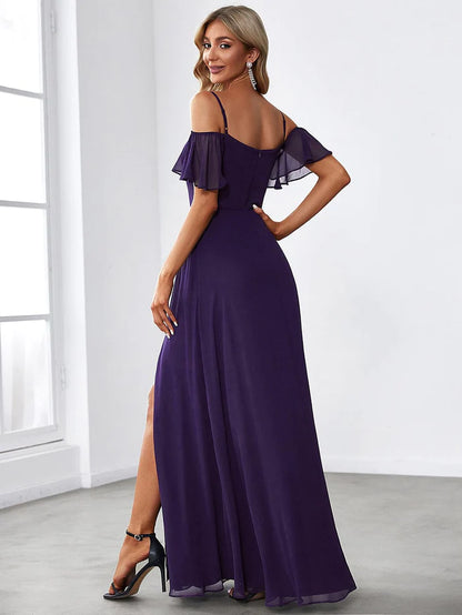 Stylish Cold-Shoulder Floor Length Bridesmaid Dress with Side Slit