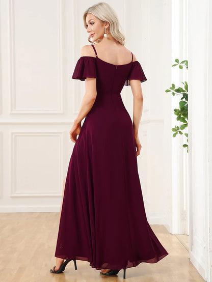Stylish Cold-Shoulder Floor Length Bridesmaid Dress with Side Slit