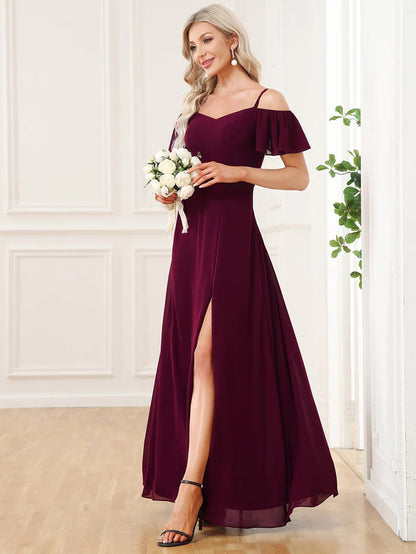 Stylish Cold-Shoulder Floor Length Bridesmaid Dress with Side Slit