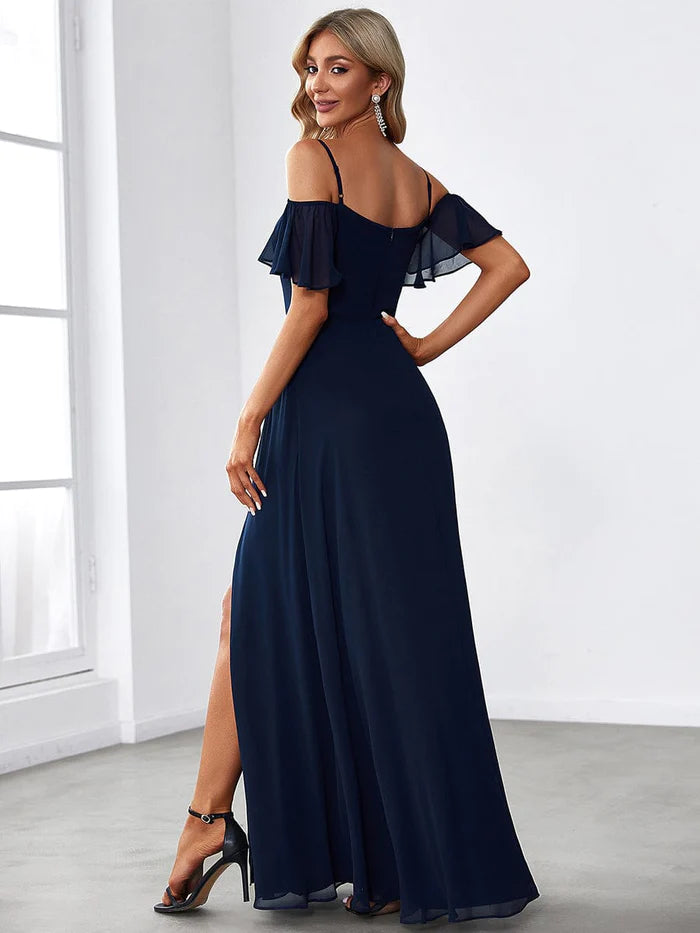 Stylish Cold-Shoulder Floor Length Bridesmaid Dress with Side Slit