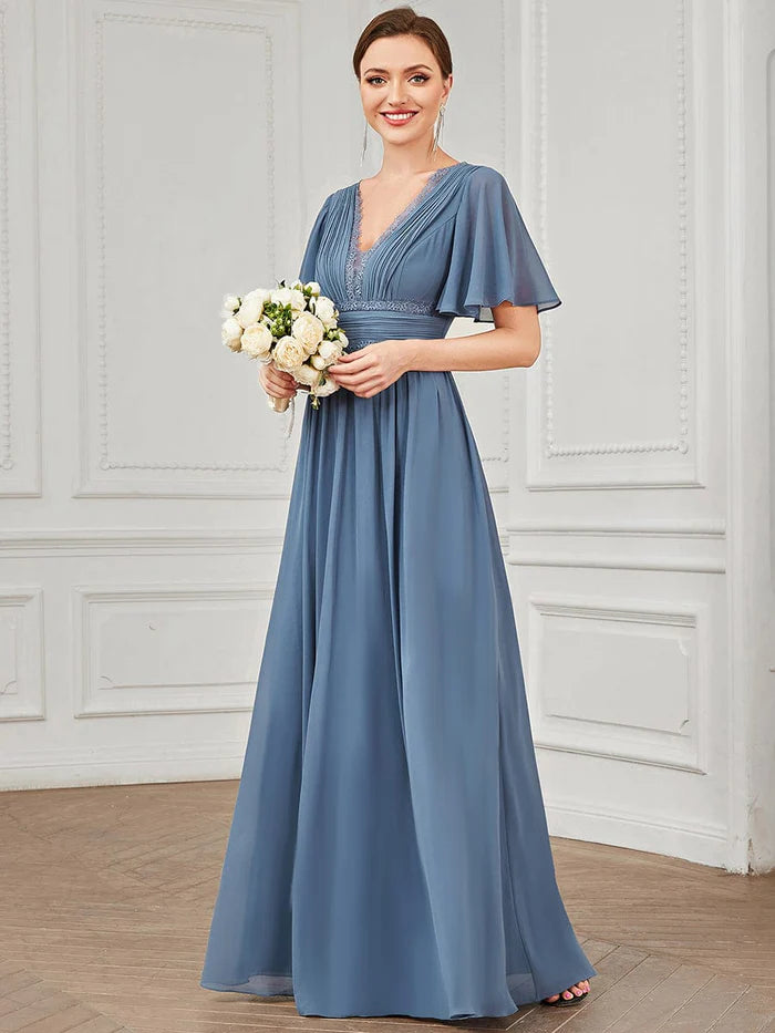 Flutter Short Sleeve Lace A-Line Pleated Chiffon Bridesmaid Dress