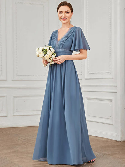 Flutter Short Sleeve Lace A-Line Pleated Chiffon Bridesmaid Dress