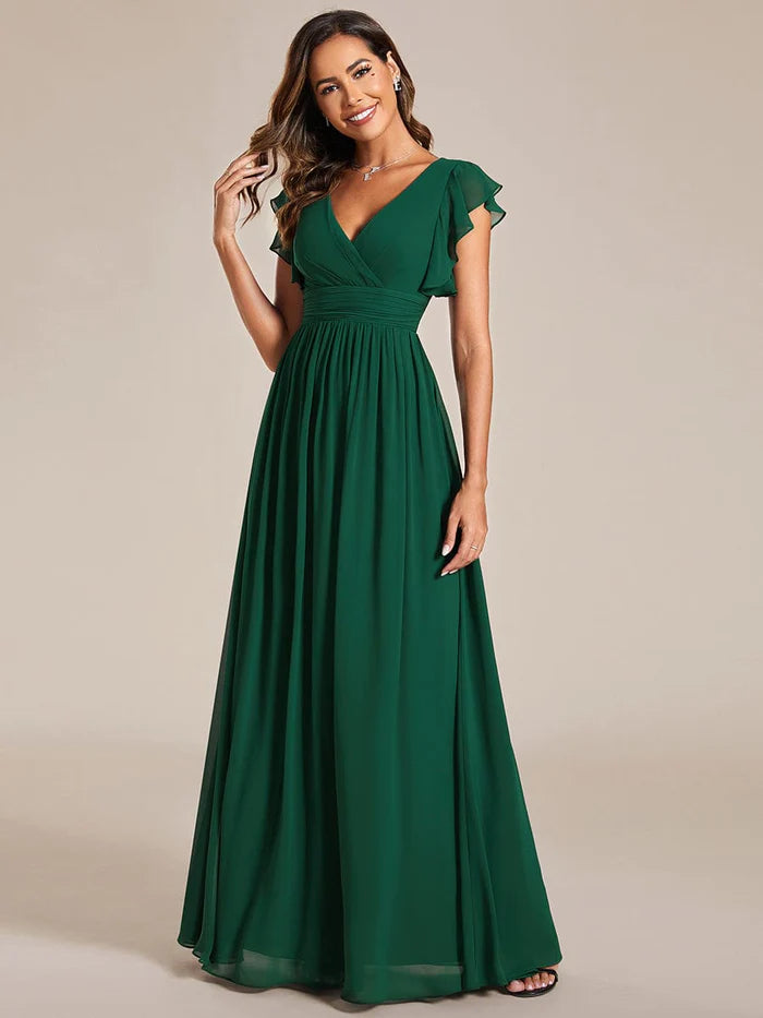 Elegant V-Neck Open Back Chiffon Bridesmaid Dress with Ruffled Sleeves Koutun Dress Elegant V-Neck Open Back Chiffon Bridesmaid Dress with Ruffled Sleeves Koutun Dress