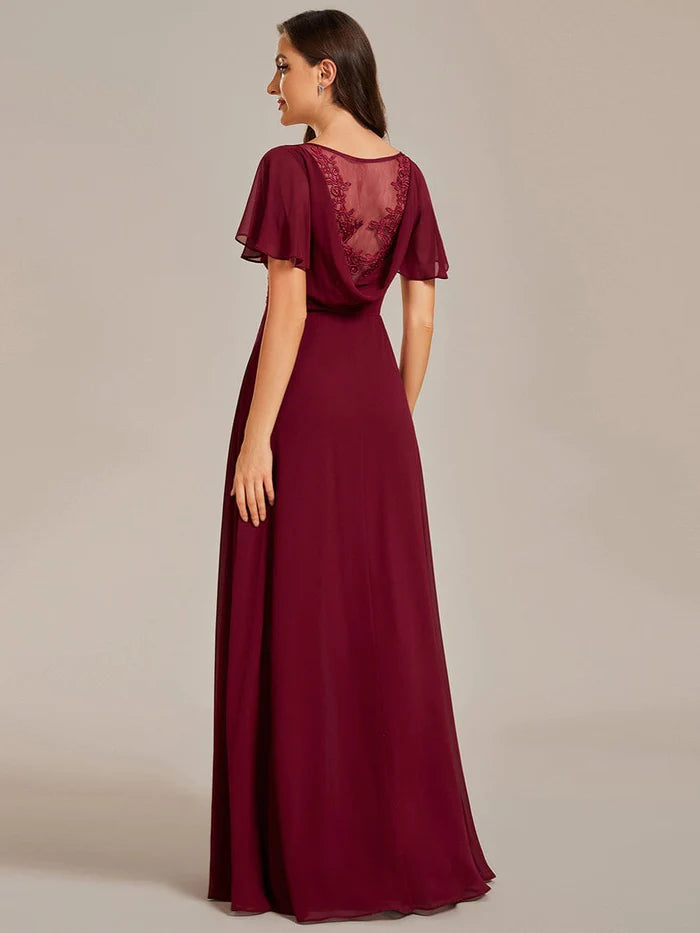 See-Through Back Flutter Sleeves High Slit Chiffon Evening Dress