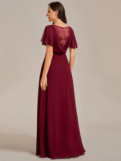 See-Through Back Flutter Sleeves High Slit Chiffon Evening Dress