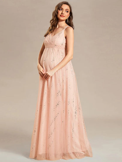 Spaghetti Strap Scattered Sequins V-neck Floor Length Maternity Dress
