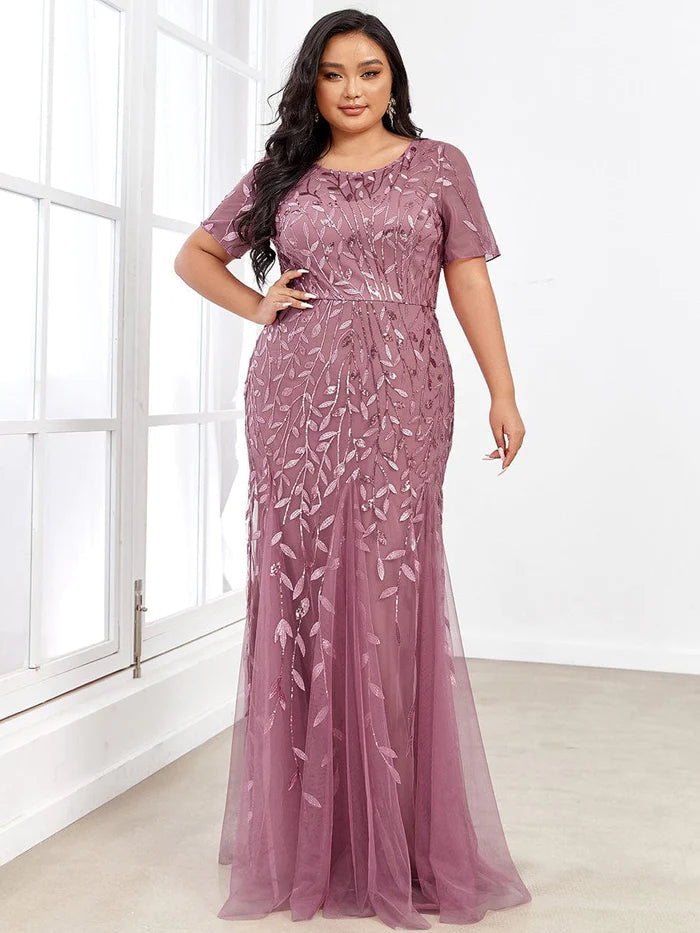 Floral Sequin Print Maxi Long Fishtail Formal Dresses With Half Sleeve