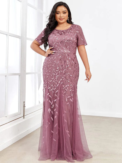 Floral Sequin Print Maxi Long Fishtail Formal Dresses With Half Sleeve