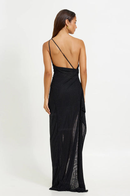 Edgy Mermaid One Shoulder Draped Sequin Mesh High Slit Long Prom Dress in Black for Formal Events