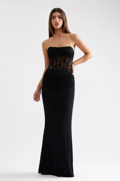 Edgy Mermaid Strapless Lace Corset Ruched Jersey Long Prom Dress in Black for Formal Events