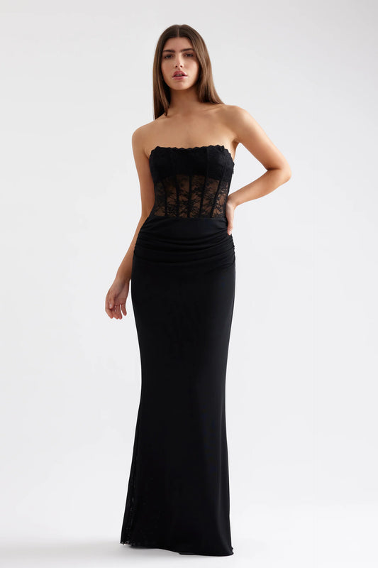 Edgy Mermaid Strapless Lace Corset Ruched Jersey Long Prom Dress in Black for Formal Events