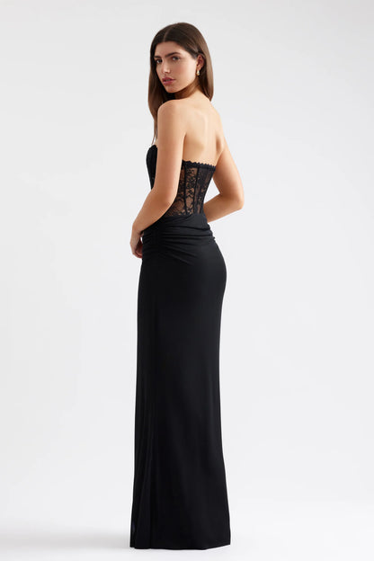 Edgy Mermaid Strapless Lace Corset Ruched Jersey Long Prom Dress in Black for Formal Events