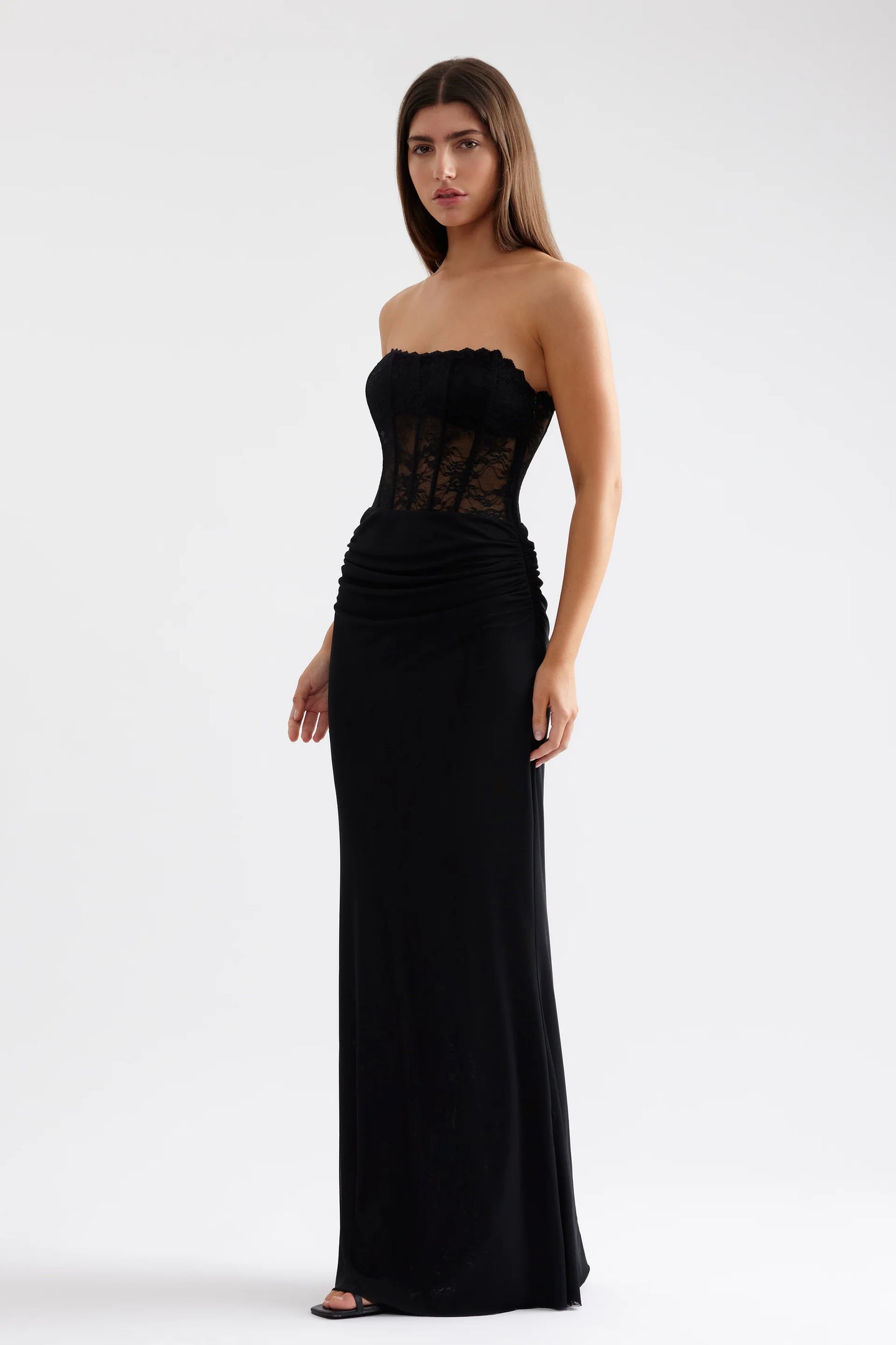 Edgy Mermaid Strapless Lace Corset Ruched Jersey Long Prom Dress in Black for Formal Events
