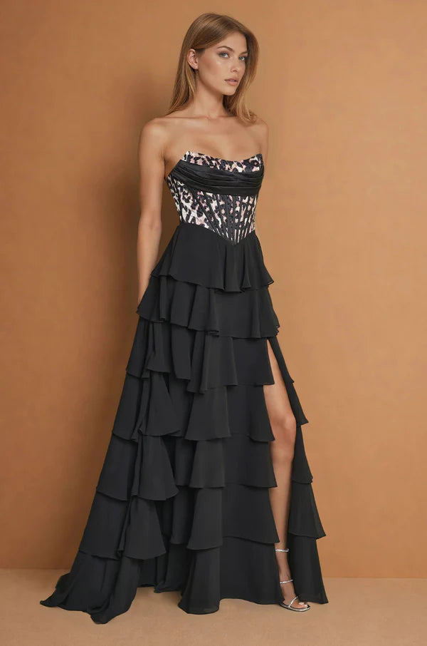 Edgy Strapless Leopard Print Corset Bodice Black Tiered Chiffon Gown with Lace-Up Back and Side Slit Prom Dress
