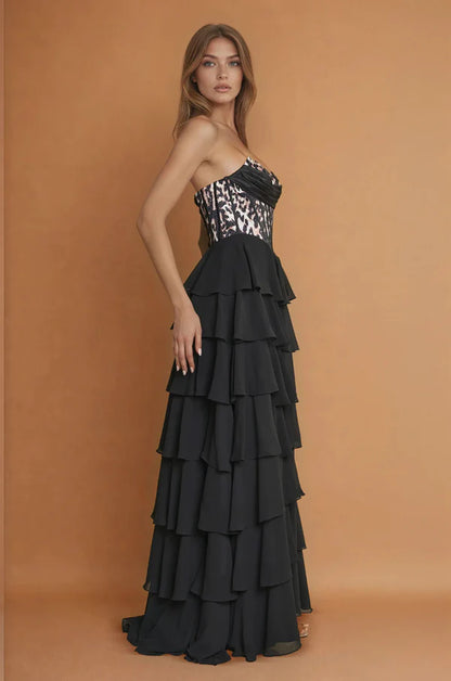 Edgy Strapless Leopard Print Corset Bodice Black Tiered Chiffon Gown with Lace-Up Back and Side Slit Prom Dress