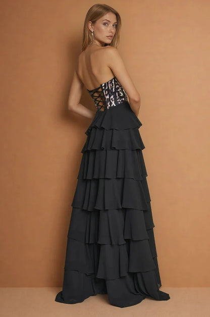 Edgy Strapless Leopard Print Corset Bodice Black Tiered Chiffon Gown with Lace-Up Back and Side Slit Prom Dress