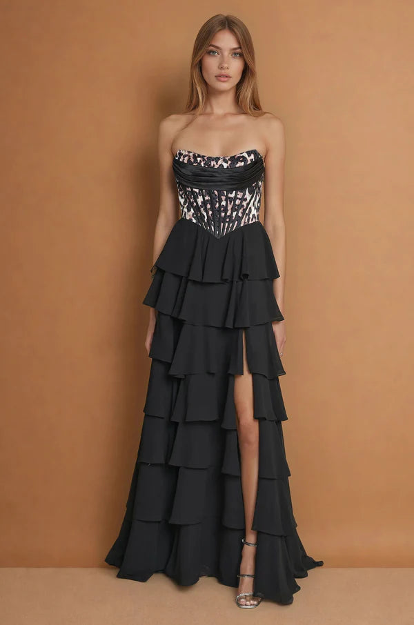 Edgy Strapless Leopard Print Corset Bodice Black Tiered Chiffon Gown with Lace-Up Back and Side Slit Prom Dress
