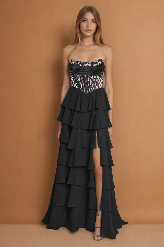 Edgy Strapless Leopard Print Corset Bodice Black Tiered Chiffon Gown with Lace-Up Back and Side Slit Prom Dress