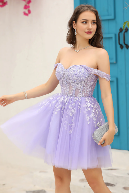 Side profile of the lilac A-line dress with lace details.