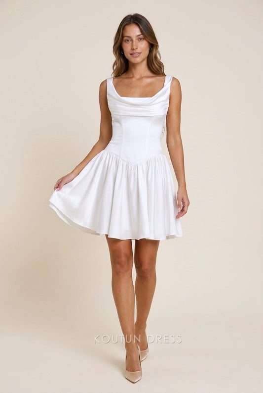 Model wearing an ivory A-Line cowl neck short homecoming dress.