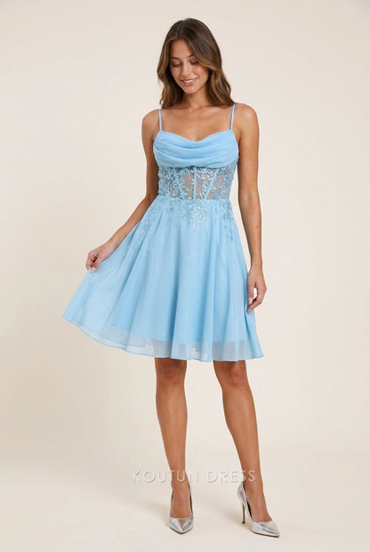Sky blue A-line short homecoming dress with cowl neck and embroidered bodice.