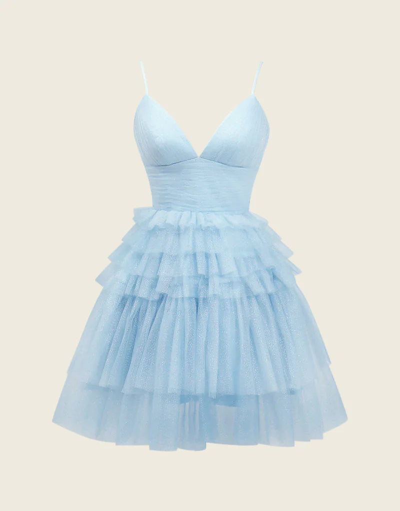 Front view of an elegant A-Line deep V-neck tulle tiered floor-length homecoming dress.
