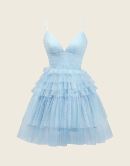 Front view of an elegant A-Line deep V-neck tulle tiered floor-length homecoming dress.